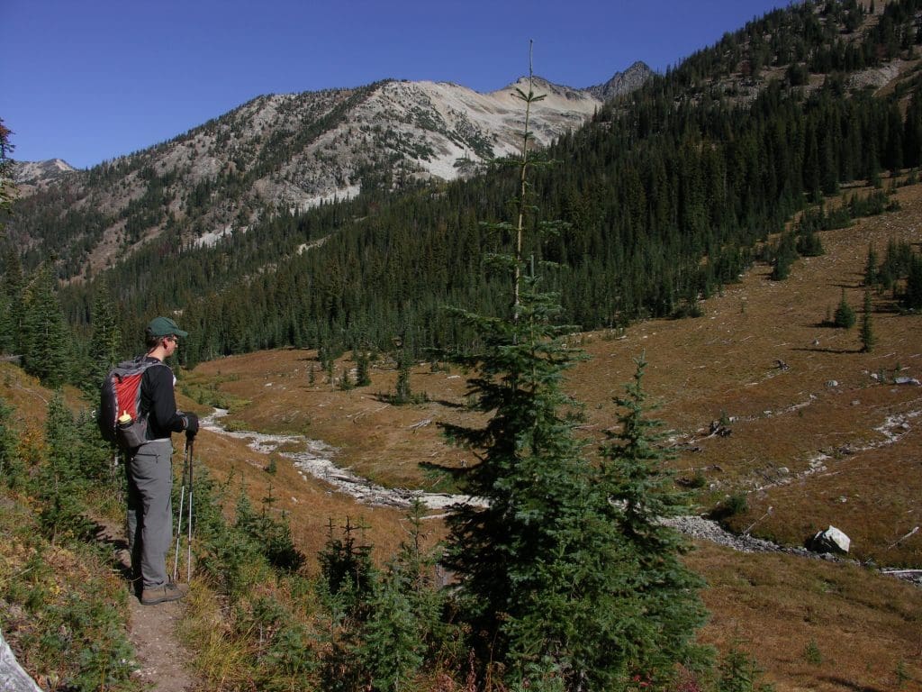 Hiker in meadows on Boulder Creek Trail